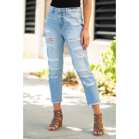 KanCan High Rise Mom Boyfriend Womens Size 24 / 1 Light Wash Distressed - Picture 1 of 8